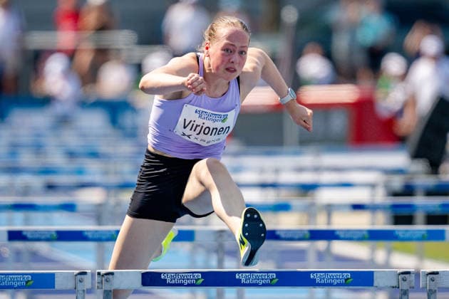 Ratingen, 27.06.2026, Leichathletik, Mehrkampf, Siebenkampf Enni Virjonen (Finland) beim 100m Hürdenlauf *** Ratingen, June 27, 2026, Track and Field, Combined Events, Heptathlon: Enni Virjonen of Finland in the 100-meter hurdles