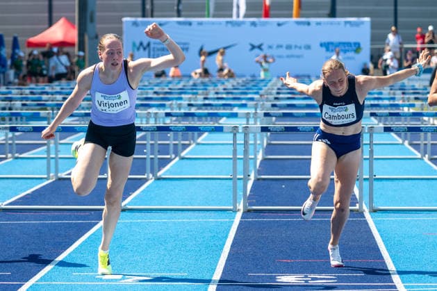 Enni Virjonen (FIN) und Leonie Cambours (FRA) werfen sich ins Ziel. Stadtwerke Ratingen Mehrkampfmeeting 2026, Leichtathletik, 27. u. 28.06.2026 Stadtwerke Ratingen Mehrkampfmeeting 2026, Leichtathletik, 27. u. 28.06.2026 Ratingen *** Enni Virjonen (FIN) and Leonie Cambours (FRA) cross the finish line at the 2026 Stadtwerke Ratingen Combined Events Meeting, Track and Field, June 27 and 28, 2026; 2026 Stadtwerke Ratingen Combined Events Meeting, Track and Field, June 27 and 28, 2026, Ratingen Copyright: xEibner-Pressefoto ThomasxHaeslerx EP_THR