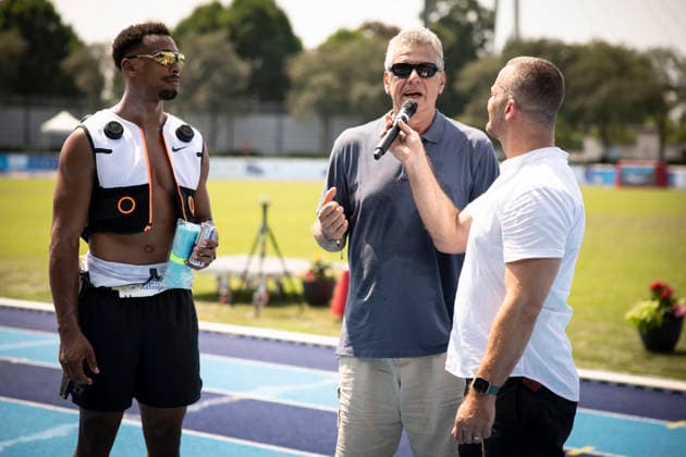 RATINGEN, GERMANY - JUNE 27, 2026 : Former German decathlete Jürgen Hingsen and Leo Neugebauer (GER Germany) interviewed by Florian Weber during the Multisport Event at Stadion Ratingen on June 27, 2026 in Ratingen, Germany. Nordrhein-Westfalen Germany Copyright: xAxelxKohringx