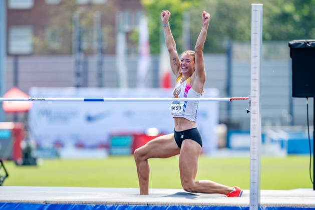 Ratingen, 27.06.2026, Leichathletik, Mehrkampf, Siebenkampf Erin Marsh (USA) jubelt über ihren erfolgreichen Versuch im Hochsprung *** Ratingen, June 27, 2026, Track and Field, Combined Events, Heptathlon: Erin Marsh of the U.S. celebrates her successful attempt in the high jump