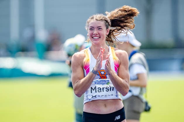 Ratingen, 27.06.2026, Leichathletik, Mehrkampf, Siebenkampf Erin Marsh (USA) jubelt den Fans zu *** Ratingen, June 27, 2026, Track and Field, Combined Events, Heptathlon: Erin Marsh of the U.S. waves to the fans