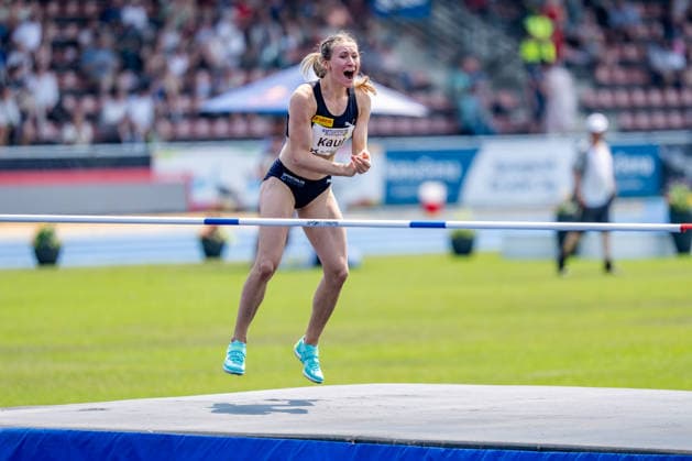 Ratingen, 27.06.2026, Leichathletik, Mehrkampf, Siebenkampf Emma Kaul (GER, USC Mainz) jubelt über ihren erfolgreichen Versuch im Hochsprung *** Ratingen, June 27, 2026, Track and Field, Combined Events, Heptathlon: Emma Kaul (GER), USC Mainz, celebrates her successful attempt in the high jump
