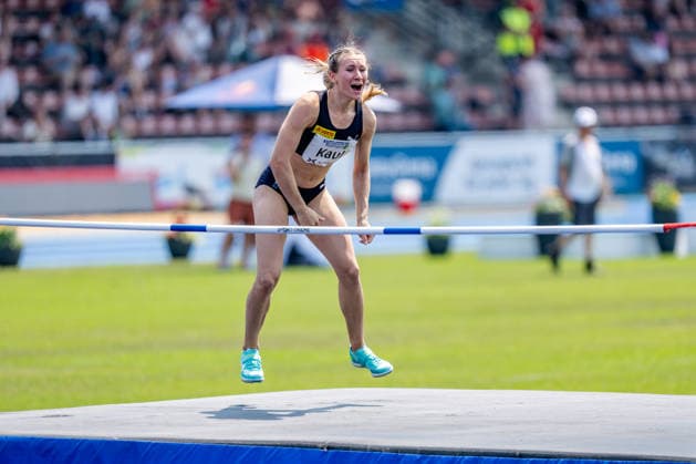 Ratingen, 27.06.2026, Leichathletik, Mehrkampf, Siebenkampf Emma Kaul (GER, USC Mainz) jubelt über ihren erfolgreichen Versuch im Hochsprung *** Ratingen, June 27, 2026, Track and Field, Combined Events, Heptathlon: Emma Kaul (GER), USC Mainz, celebrates her successful attempt in the high jump