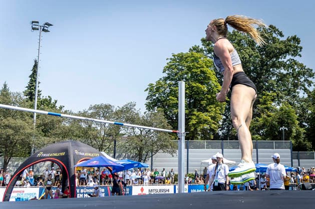 RATINGEN, GERMANY - JUNE 27, 2026 : Shaina Burns (USA United States) during high jump competing during the Multisport Event at Stadion Ratingen on June 27, 2026 in Ratingen, Germany. Nordrhein-Westfalen Germany Copyright: xLeahxKohringx