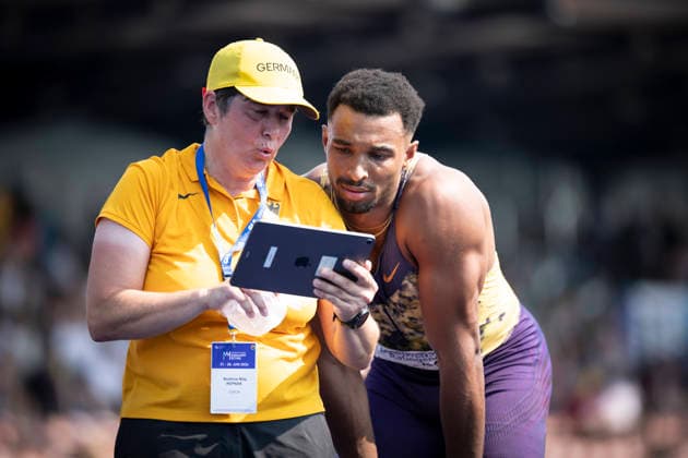 RATINGEN, GERMANY - JUNE 27, 2026 : Leo Neugebauer (GER Germany) with high jump coach Beatrice Repnak competing during the Multisport Event at Stadion Ratingen on June 27, 2026 in Ratingen, Germany. Nordrhein-Westfalen Germany Copyright: xAxelxKohringx