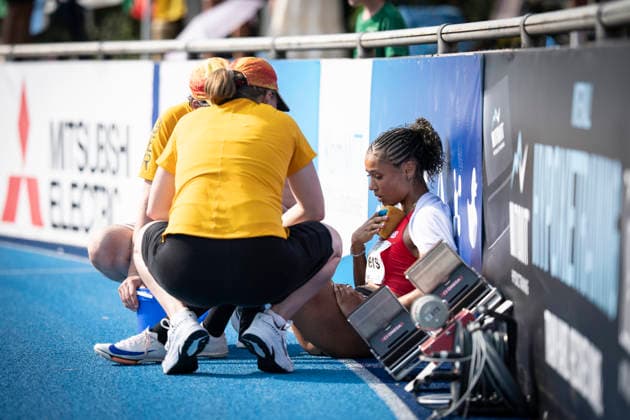 RATINGEN, GERMANY - JUNE 27, 2026 : Anna-Elisabeth Ehlers (GER Germany) is tired and exhausted after the heptathlon’s 200m during the Multisport Event at Stadion Ratingen on June 27, 2026 in Ratingen, Germany. Nordrhein-Westfalen Germany Copyright: xAxelxKohringx