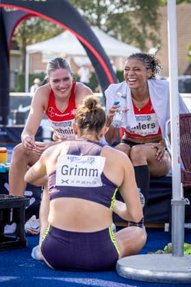 RATINGEN, GERMANY - JUNE 27, 2026 : Marie Dehning (GER Germany), Anna-Elisabeth Ehlers (GER Germany) and Vanessa Grimm (GER Germany) after the 200m competing during the Multisport Event at Stadion Ratingen on June 27, 2026 in Ratingen, Germany. Nordrhein-Westfalen Germany Copyright: xLeahxKohringx