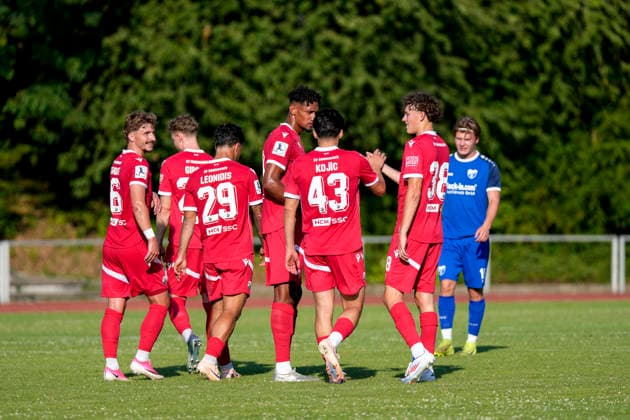 Spieler vom SV Sandhausen (SVS), Jubel nach dem Schlusspfiff, Freude über den Sieg, Sieger, Gewinner, jubelt, jubeln, fröhlich, positiv, freut sich, freuen, optimistisch, Highlight, Action, Aktion, 27.06.2026, Wiesloch (Deutschland), Fussball, Testspiel, VfB Wiesloch - SV Sandhausen *** SV Sandhausen (SVS) players, celebrating after the final whistle, joy over the victory, winners, celebrating, cheerful, positive, happy, optimistic, highlight, action, June 27, 2026, Wiesloch, Germany, soccer, friendly match, VfB Wiesloch vs. SV Sandhausen xozx