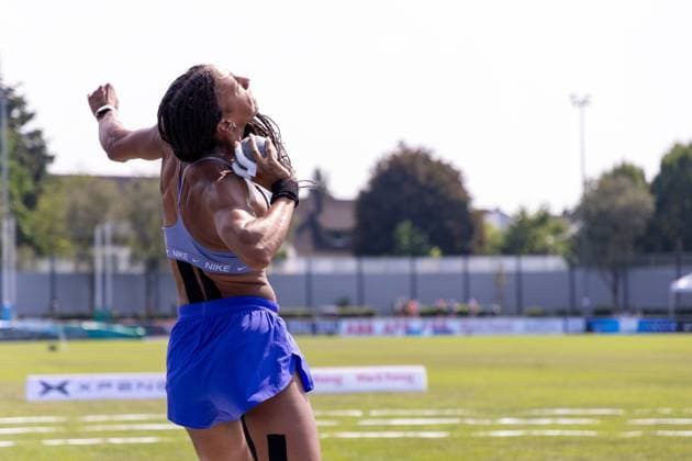 Belgian Nafissatou Nafi Thiam pictured in action during the shot put event of the women s heptathlon event at the Stadtwerke Ratingen Mehrkampf-Meeting, IAAF World Athletics Combined Events Tour, in Ratingen, Germany, on Saturday 27 June 2026. BJORNxPAREE  x179575295x
