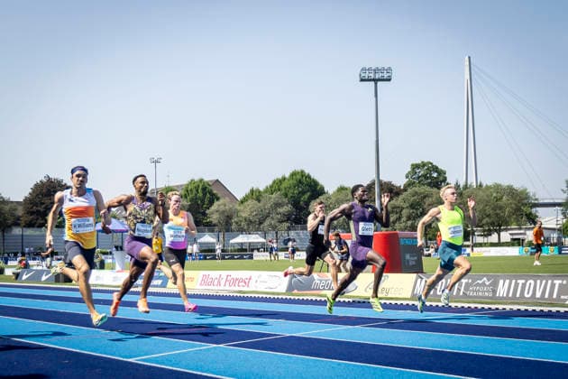 RATINGEN, GERMANY - JUNE 27, 2026 : Sven Jansons (NED Netherlands), Makenson Gletty (FRA France), Leo Neugebauer (GER Germany) and Harrison Williams (USA United States) over 100m competing during the Multisport Event at Stadion Ratingen on June 27, 2026 in Ratingen, Germany. Nordrhein-Westfalen Germany Copyright: xLeahxKohringx
