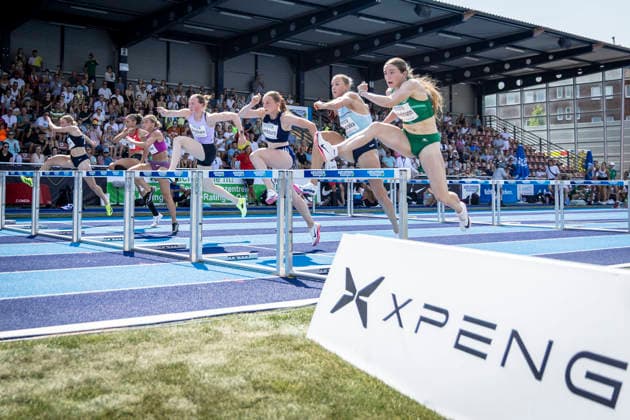 RATINGEN, GERMANY - JUNE 27, 2026 : Enni Virjonen (FIN Finland), Léonie Cambours (FRA France) and Anna Hinkelmann (GER Germany) competing during the Multisport Event at Stadion Ratingen on June 27, 2026 in Ratingen, Germany. Nordrhein-Westfalen Germany Copyright: xLeahxKohringx