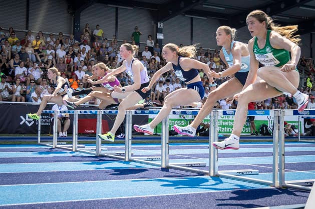 RATINGEN, GERMANY - JUNE 27, 2026 : Enni Virjonen (FIN Finland), Léonie Cambours (FRA France) and Anna Hinkelmann (GER Germany) competing during the Multisport Event at Stadion Ratingen on June 27, 2026 in Ratingen, Germany. Nordrhein-Westfalen Germany Copyright: xLeahxKohringx
