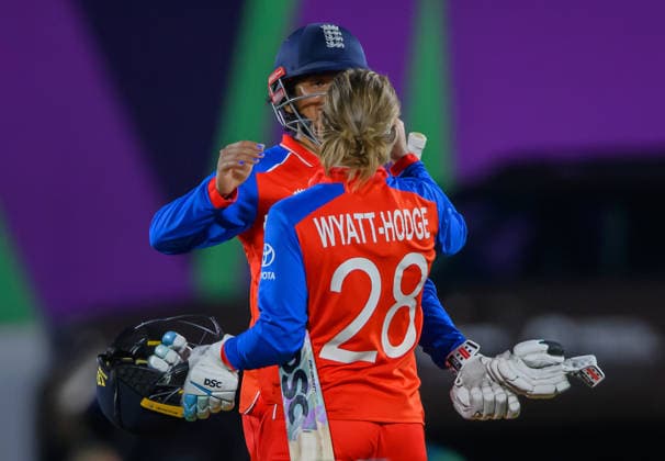 England Women v New Zealand Women ICC Women s T20 World Cup 2026 Sophia Dunkley and Danni Wyatt-Hodge of England Women celebrate victory over New Zealand Women by nine wickets during the ICC Women s T20 World Cup 2026 match at the Kia Oval, London 27 06 2026 UK Newspapers OUT Copyright: xGraemexWilcocksonx FIL-23579-0074