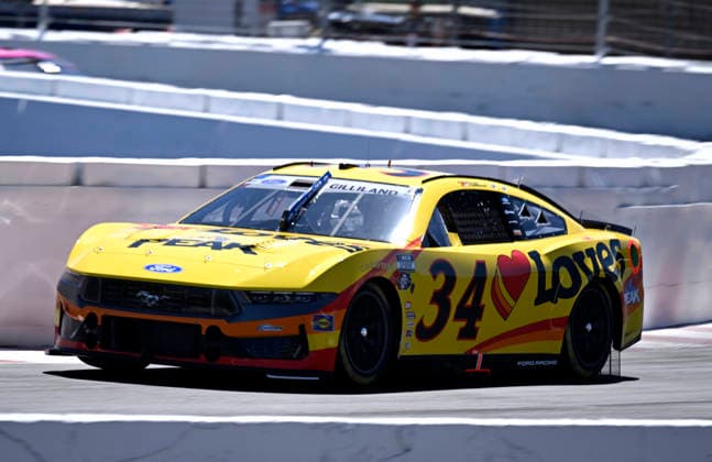 SONOMA, CA - JUNE 27: Todd Gilliland ( 34 Front Row Motorsports Love s Travel Stops PEAK Ford) races through turn 11 during practice for the NASCAR, Motorsport, USA Cup Series Toyota Save Mart 350 on June 27, 2026, at Sonoma Raceway in Sonoma, CA. (Photo by Will Lester Icon Sportswire) AUTO: JUN 27 NASCAR Cup Series Toyota Save Mart 350 EDITORIAL USE ONLY Icon26062711102