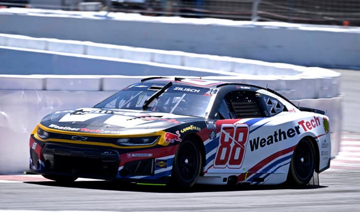 SONOMA, CA - JUNE 27: Connor Zilisch ( 88 Trackhouse Racing WeatherTech Chevrolet) races through turn 11 during practice for the NASCAR, Motorsport, USA Cup Series Toyota Save Mart 350 on June 27, 2026, at Sonoma Raceway in Sonoma, CA. (Photo by Will Lester Icon Sportswire) AUTO: JUN 27 NASCAR Cup Series Toyota Save Mart 350 EDITORIAL USE ONLY Icon26062711227