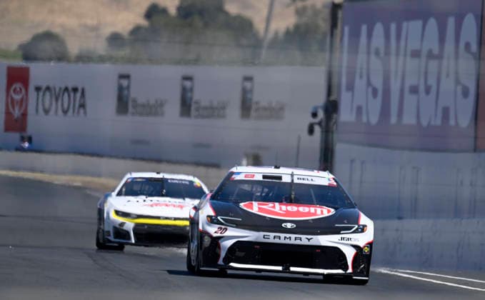 SONOMA, CA - JUNE 27: Christopher Bell ( 20 Joe Gibbs Racing Rheem Toyota) races towards turn 11 during practice for the NASCAR, Motorsport, USA Cup Series Toyota Save Mart 350 on June 27, 2026, at Sonoma Raceway in Sonoma, CA. (Photo by Will Lester Icon Sportswire) AUTO: JUN 27 NASCAR Cup Series Toyota Save Mart 350 EDITORIAL USE ONLY Icon26062711255