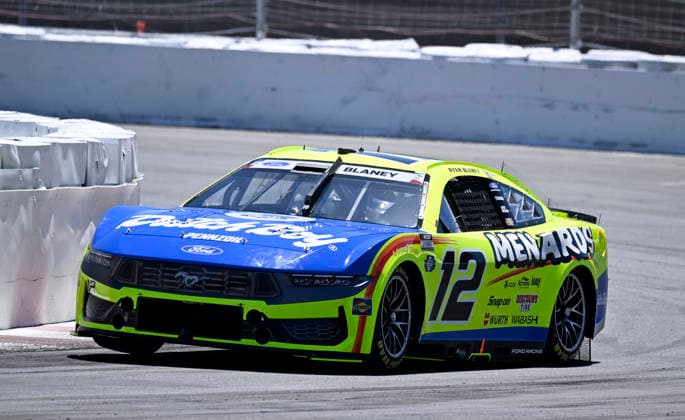 SONOMA, CA - JUNE 27: Ryan Blaney ( 12 Team Penske Menards Dutch Boy Ford) races through turn 11 during practice for the NASCAR, Motorsport, USA Cup Series Toyota Save Mart 350 on June 27, 2026, at Sonoma Raceway in Sonoma, CA. (Photo by Will Lester Icon Sportswire) AUTO: JUN 27 NASCAR Cup Series Toyota Save Mart 350 EDITORIAL USE ONLY Icon26062711594