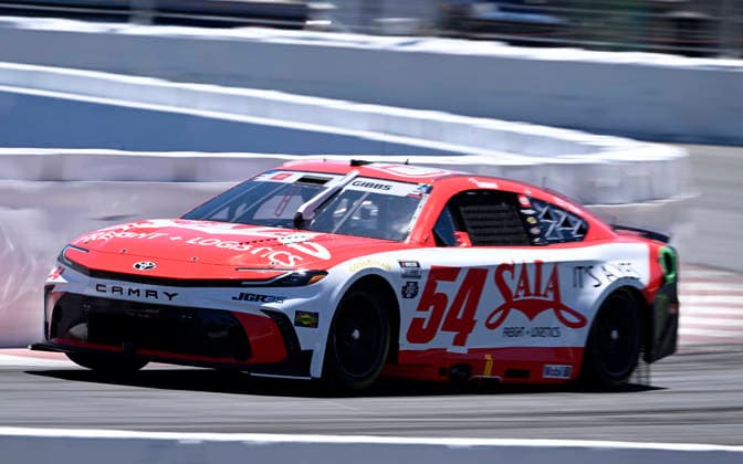 SONOMA, CA - JUNE 27: Ty Gibbs ( 54 Joe Gibbs Racing Saia Freight + Logistics Toyota) races through turn 11 during practice for the NASCAR, Motorsport, USA Cup Series Toyota Save Mart 350 on June 27, 2026, at Sonoma Raceway in Sonoma, CA. (Photo by Will Lester Icon Sportswire) AUTO: JUN 27 NASCAR Cup Series Toyota Save Mart 350 EDITORIAL USE ONLY Icon26062711772