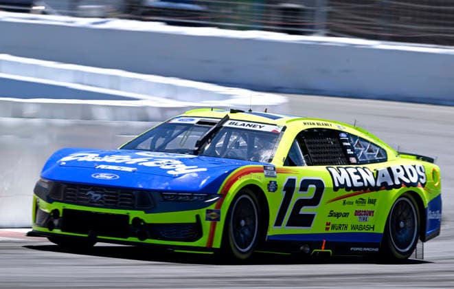 SONOMA, CA - JUNE 27: Ryan Blaney ( 12 Team Penske Menards Dutch Boy Ford) races through turn 11 during practice for the NASCAR, Motorsport, USA Cup Series Toyota Save Mart 350 on June 27, 2026, at Sonoma Raceway in Sonoma, CA. (Photo by Will Lester Icon Sportswire) AUTO: JUN 27 NASCAR Cup Series Toyota Save Mart 350 EDITORIAL USE ONLY Icon26062711784