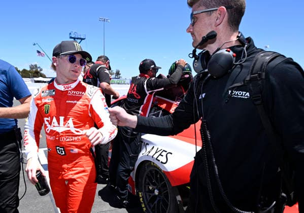 SONOMA, CA - JUNE 27: Ty Gibbs ( 54 Joe Gibbs Racing Saia Freight + Logistics Toyota) is congratulated by a crew member after capturing the pole for the NASCAR, Motorsport, USA Cup Series Toyota Save Mart 350 on June 27, 2026, at Sonoma Raceway in Sonoma, CA. (Photo by Will Lester Icon Sportswire) AUTO: JUN 27 NASCAR Cup Series Toyota Save Mart 350 EDITORIAL USE ONLY Icon26062711921