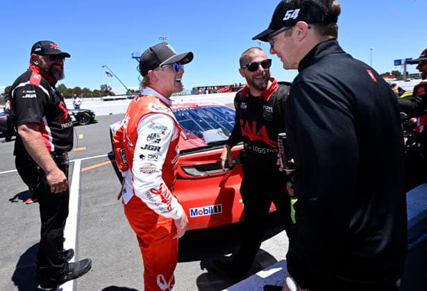 SONOMA, CA - JUNE 27: Ty Gibbs ( 54 Joe Gibbs Racing Saia Freight + Logistics Toyota) is congratulated by a crew member after capturing the pole for the NASCAR, Motorsport, USA Cup Series Toyota Save Mart 350 on June 27, 2026, at Sonoma Raceway in Sonoma, CA. (Photo by Will Lester Icon Sportswire) AUTO: JUN 27 NASCAR Cup Series Toyota Save Mart 350 EDITORIAL USE ONLY Icon26062711945