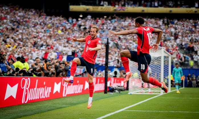 New York New Jersey, USA 27th Jun 2026. Goal celebration Harry Kane (ENG) Jude Bellingham (ENG) Panama - England World Cup Panama - England 27.06.2026 *** New York, New Jersey, USA, June 27, 2026 Goal celebration: Harry Kane (ENG), Jude Bellingham (ENG), Panama vs. England, World Cup, Panama vs. England, June 27, 2026