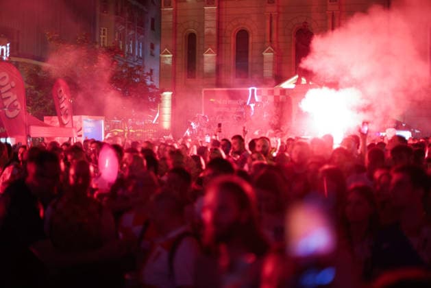 Croatia Fans Watch Ghana Match in Zagreb Croatia supporters gather in Zagreb, Croatia, on June 27, 2026, as they follow the FIFA World Cup, WM, Weltmeisterschaft, Fussball 2026 Group L match between Croatia and Ghana.  JosipxMikacic PIXSELL