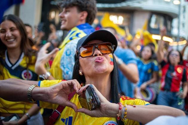 June 27, 2026, Madrid, Madrid, Spain: A Colombian woman poses during a gathering of Colombians in Madrid..Dozens of Colombians living in Madrid gathered this afternoon on Madrid s Gran VoÂ­a to cheer on their national men s soccer team, which faces Portugal this Saturday (local time) at Hard Rock Stadium in Miami for the third match of the group stage of the 2026 FIFA World Cup, WM, Weltmeisterschaft, Fussball in the USA, Canada, and Mexico. Madrid Spain - ZUMAs197 20260627_aaa_s197_042 Copyright: xSOPAxImagesx