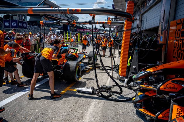 SPIELBERG, AUSTRIA: Lando Norris, racing for the McLaren F1 team during the 2026 Formula 1 Austrian Grand Prix at the Red Bull Ring in Spielberg, Austria