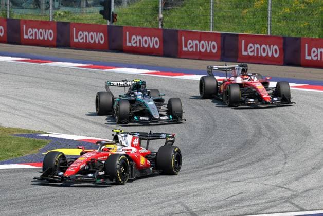 Lewis Hamilton (Scuderia Ferrari HP 44), Kimi Antonelli (Mercedes-AMG Petronas 12), Charles Leclerc (Scuderia Ferrari HP 16), Rennen, Grosser Preis von Oesterreich, Motorsport, Herren, Formel 1, 28.06.2026 Spielberg Steiermark Oesterreich *** Lewis Hamilton, Scuderia Ferrari HP 44, Kimi Antonelli, Mercedes AMG Petronas, No. 12; Charles Leclerc, Scuderia Ferrari, No. 16; Race, Austrian Grand Prix, Motorsports, Men, Formula 1, June 28, 2026, Spielberg, Styria, Austria Copyright: xkolbert-press ChristianxKolbertx