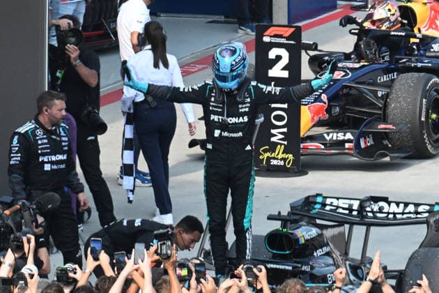28.06.2026, xsvx, Motorsport FIA Formel 1, Grand Prix von Österreich v.l. George Russell (Mercedes AMG Petronas) Startnummer 63 jubelt ueber den Sieg (FIA REGULATIONS PROHIBIT ANY USE OF PHOTOGRAPHS as IMAGE SEQUENCES and or QUASI-VIDEO) Zeltweg-Spielberg *** June 28, 2026, xsvx, Motorsport FIA Formula 1, Austrian Grand Prix: George Russell of Mercedes AMG Petronas, car No. 63, celebrates his victory. FIA REGULATIONS PROHIBIT ANY USE OF PHOTOGRAPHS AS IMAGE SEQUENCES AND OR QUASI-VIDEO. Zeltweg, Spielberg