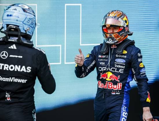 SPIELBERG - Max Verstappen (Red Bull Racing) congratulates George Russell (Mercedes) after winning the Austrian Grand Prix. SEM VAN DER WAL ANP xVIxANPxSportx xxANPxIVx 562274842 originalFilename: 562274842.jpg