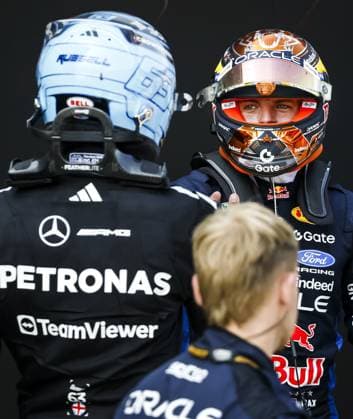 SPIELBERG - Max Verstappen (Red Bull Racing) congratulates George Russell (Mercedes) after winning the Austrian Grand Prix. SEM VAN DER WAL ANP xVIxANPxSportx xxANPxIVx 562274945 originalFilename: 562274945.jpg
