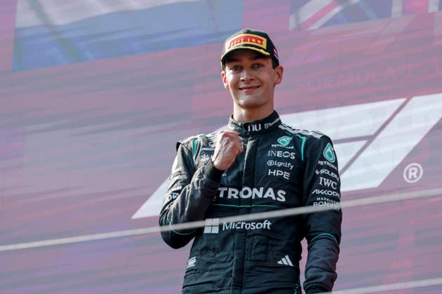 MOTORSPORTS, FORMULA 1 - GP of Austria 2026 SPIELBERG,AUSTRIA,28.JUN.26 - MOTORSPORTS, FORMULA 1 - Grand Prix of Austria, Red Bull Ring, award ceremony. Image shows the rejoicing of George Russell (GBR Mercedes) .  GEPAxpictures xMatthiasxTrinkl