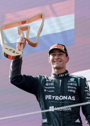 MOTORSPORTS, FORMULA 1 - GP of Austria 2026 SPIELBERG,AUSTRIA,28.JUN.26 - MOTORSPORTS, FORMULA 1 - Grand Prix of Austria, Red Bull Ring, award ceremony. Image shows the rejoicing of George Russell (GBR Mercedes) . keywords: trophy.  GEPAxpictures xMatthiasxTrinkl