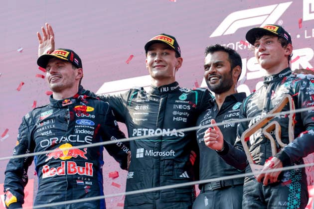 MOTORSPORTS, FORMULA 1 - GP of Austria 2026 SPIELBERG,AUSTRIA,28.JUN.26 - MOTORSPORTS, FORMULA 1 - Grand Prix of Austria, Red Bull Ring, award ceremony. Image shows the rejoicing of Max Verstappen (NED Red Bull Racing), George Russell (GBR Mercedes) and Andrea Kimi Antonelli (ITA Mercedes) . keywords: trophy.  GEPAxpictures xMatthiasxTrinkl
