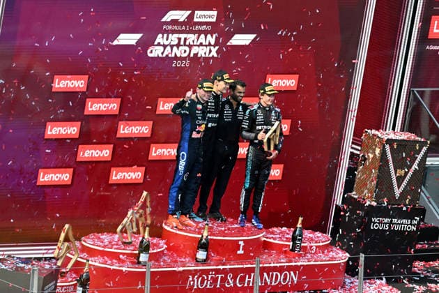 28.06.2026, xsvx, Motorsport FIA Formel 1, Grand Prix von Österreich v.l. Max Verstappen (Oracle Red Bull Racing) Startnummer 3 George Russell (Mercedes AMG Petronas) Startnummer 63 Andrea Kimi Antonelli (Mercedes AMG Petronas) Startnummer 12 auf dem Podium (FIA REGULATIONS PROHIBIT ANY USE OF PHOTOGRAPHS as IMAGE SEQUENCES and or QUASI-VIDEO) Zeltweg-Spielberg *** June 28, 2026, xsvx, Motorsport FIA Formula 1, Austrian Grand Prix: Max Verstappen (Oracle Red Bull Racing, No. 3), George Russell (Mercedes AMG Petronas, No. 63), and Andrea Kimi Antonelli (Mercedes AMG Petronas, No. 12) on the podium. FIA REGULATIONS PROHIBIT ANY USE OF PHOTOGRAPHS AS IMAGE SEQUENCES AND OR QUASI-VIDEO Zeltweg Spielberg