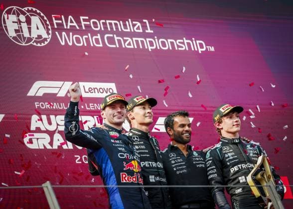 SPIELBERG - Max Verstappen (Red Bull Racing) on the podium together with George Russell (Mercedes) and Andrea Kimi Antonelli (Mercedes) after the Austrian Grand Prix. SEM VAN DER WAL ANP xVIxANPxSportx xxANPxIVx 562275814 originalFilename: 562275814.jpg