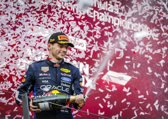 SPIELBERG - Max Verstappen (Red Bull Racing) on the podium after the Austrian Grand Prix. SEM VAN DER WAL ANP xVIxANPxSportx xxANPxIVx 562275995 originalFilename: 562275995.jpg