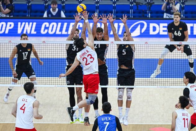 Gliwice 28.06.2026. Volleyball Men s Volleyball Nations League season 2026 match between China and Germany in Gliwice, Poland. --- Siatkowka Liga Narodow sezon 2026 mecz: Chiny - Niemcy. Persons shown: Bin Wang Moritz Reichert Tobias Krick Yann Bohme Fot. Antoni Dec Arena Akcji NEWSPIX.PL --- newspix.pl 