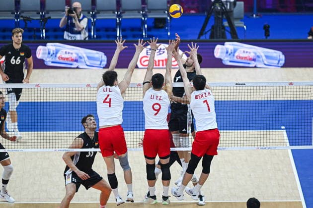 Gliwice 28.06.2026. Volleyball Men s Volleyball Nations League season 2026 match between China and Germany in Gliwice, Poland. --- Siatkowka Liga Narodow sezon 2026 mecz: Chiny - Niemcy. Persons shown: Moritz Reichert Lei Li Yongzhen Li Zihua Wen Fot. Antoni Dec Arena Akcji NEWSPIX.PL --- newspix.pl 