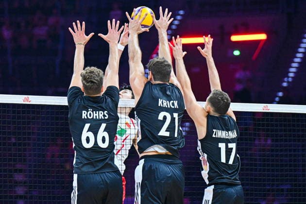 Gliwice 28.06.2026. Volleyball Men s Volleyball Nations League season 2026 match between China and Germany in Gliwice, Poland. --- Siatkowka Liga Narodow sezon 2026 mecz: Chiny - Niemcy. Persons shown: Niemcy blok Fot. Antoni Dec Arena Akcji NEWSPIX.PL --- newspix.pl 