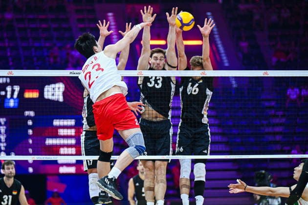Gliwice 28.06.2026. Volleyball Men s Volleyball Nations League season 2026 match between China and Germany in Gliwice, Poland. --- Siatkowka Liga Narodow sezon 2026 mecz: Chiny - Niemcy. Persons shown: Bin Wang Simon Valentin Torwie Erik Rohms Fot. Antoni Dec Arena Akcji NEWSPIX.PL --- newspix.pl 