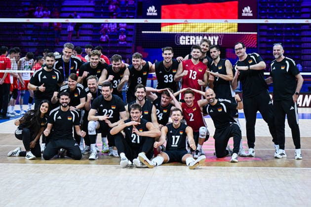 Gliwice 28.06.2026. Volleyball Men s Volleyball Nations League season 2026 match between China and Germany in Gliwice, Poland. --- Siatkowka Liga Narodow sezon 2026 mecz: Chiny - Niemcy. Persons shown: Niemcy Germany celebration radosc Fot. Antoni Dec Arena Akcji NEWSPIX.PL --- newspix.pl 