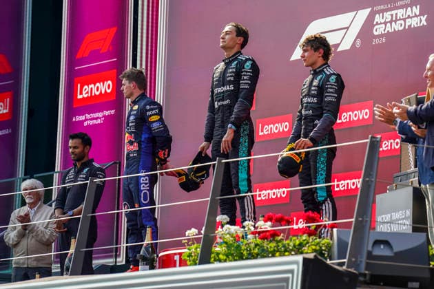 FORMULA ONE AUSTRIAN GRAND PRIX 2026 George Russell 63 (GBR) Mercedes, Max Verstappen 3 (NED) Red Bull Racing and Kimi Antonelli 12 (ITA) Mercedes celebrate on the podium during the Formula 1 Lenovo Austrian Grand Prix 2026, 8th round of the 2026 Formula 1 World Championship, WM, Weltmeisterschaft from 26th-28th June, 2026 at the Red Bull Ring, Spielberg, Austria. Credit: Robbie Hoad Every Second Media Editorial use only. All images are copyright Every Second Media Limited. No images may be reproduced without prior permission. Copyright: xIMAGO EveryxSecondxMediax ESM-2048-0446 RobbiexHoadx xEveryxSecondxMediax