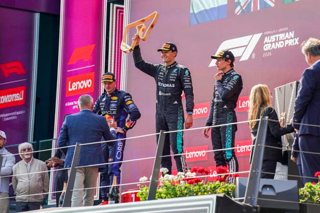FORMULA ONE AUSTRIAN GRAND PRIX 2026 George Russell 63 (GBR) Mercedes, Max Verstappen 3 (NED) Red Bull Racing and Kimi Antonelli 12 (ITA) Mercedes celebrate on the podium during the Formula 1 Lenovo Austrian Grand Prix 2026, 8th round of the 2026 Formula 1 World Championship, WM, Weltmeisterschaft from 26th-28th June, 2026 at the Red Bull Ring, Spielberg, Austria. Credit: Robbie Hoad Every Second Media Editorial use only. All images are copyright Every Second Media Limited. No images may be reproduced without prior permission. Copyright: xIMAGO EveryxSecondxMediax ESM-2048-0451 RobbiexHoadx xEveryxSecondxMediax