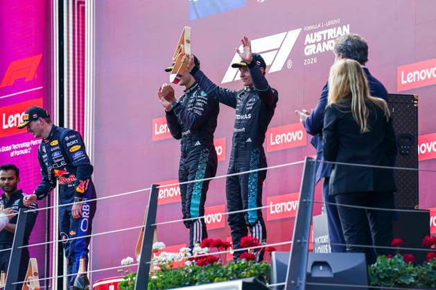 FORMULA ONE AUSTRIAN GRAND PRIX 2026 Kimi Antonelli 12 (ITA) Mercedes celebrates on the podium during the Formula 1 Lenovo Austrian Grand Prix 2026, 8th round of the 2026 Formula 1 World Championship, WM, Weltmeisterschaft from 26th-28th June, 2026 at the Red Bull Ring, Spielberg, Austria. Credit: Robbie Hoad Every Second Media Editorial use only. All images are copyright Every Second Media Limited. No images may be reproduced without prior permission. Copyright: xIMAGO EveryxSecondxMediax ESM-2048-0455 RobbiexHoadx xEveryxSecondxMediax