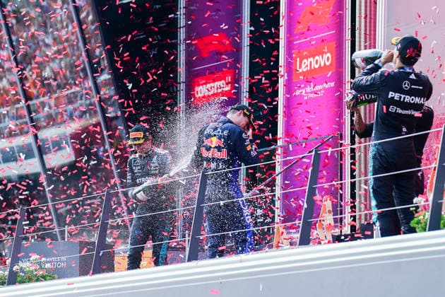 FORMULA ONE AUSTRIAN GRAND PRIX 2026 George Russell 63 (GBR) Mercedes, Max Verstappen 3 (NED) Red Bull Racing and Kimi Antonelli 12 (ITA) Mercedes celebrate on the podium during the Formula 1 Lenovo Austrian Grand Prix 2026, 8th round of the 2026 Formula 1 World Championship, WM, Weltmeisterschaft from 26th-28th June, 2026 at the Red Bull Ring, Spielberg, Austria. Credit: Robbie Hoad Every Second Media Editorial use only. All images are copyright Every Second Media Limited. No images may be reproduced without prior permission. Copyright: xIMAGO EveryxSecondxMediax ESM-2048-0464 RobbiexHoadx xEveryxSecondxMediax