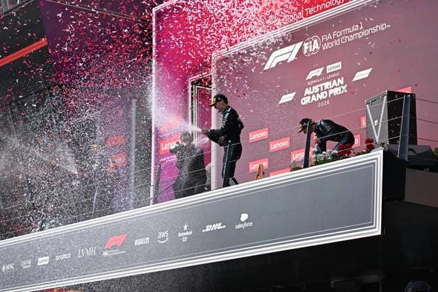 Max Verstappen 3, Oracle Red Bull Racing, George Russell 63, Mercedes-AMG Petronas F1 Team, Andrea Kimi Antonelli 12, Mercedes-AMG Petronas F1 Team, Siegerehrung,Rennen, Grosser Preis von Oesterreich, Motorsport, Herren, Formel 1, 28.06.2026 Spielberg Steiermark Austria *** Max Verstappen 3, Oracle Red Bull Racing, George Russell 63, Mercedes AMG Petronas F1 Team, Andrea Kimi Antonelli 12, Mercedes AMG Petronas F1 Team, Podium Ceremony, Race, Austrian Grand Prix, Motorsports, Men, Formula 1, June 28, 2026, Spielberg, Styria, Austria Copyright: xkolbert-press MartinxWdziecznyx
