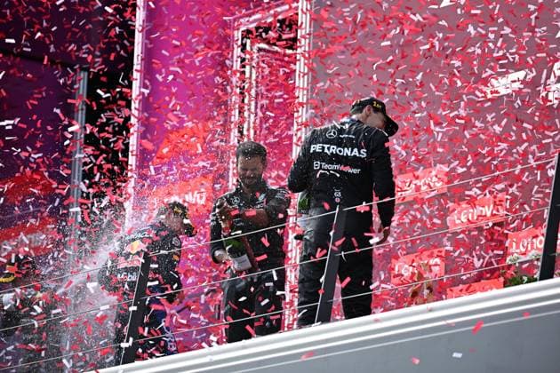 Max Verstappen 3, Oracle Red Bull Racing, George Russell 63, Mercedes-AMG Petronas F1 Team, Andrea Kimi Antonelli 12, Mercedes-AMG Petronas F1 Team, Siegerehrung,Rennen, Grosser Preis von Oesterreich, Motorsport, Herren, Formel 1, 28.06.2026 Spielberg Steiermark Austria *** Max Verstappen 3, Oracle Red Bull Racing, George Russell 63, Mercedes AMG Petronas F1 Team, Andrea Kimi Antonelli 12, Mercedes AMG Petronas F1 Team, Podium Ceremony, Race, Austrian Grand Prix, Motorsports, Men, Formula 1, June 28, 2026, Spielberg, Styria, Austria Copyright: xkolbert-press MartinxWdziecznyx